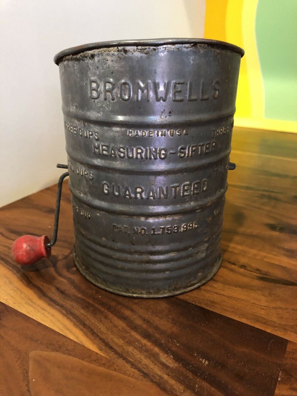 Antique Bromwell Metal Flour Sifter with Red Wood Knob Turn Handle USA